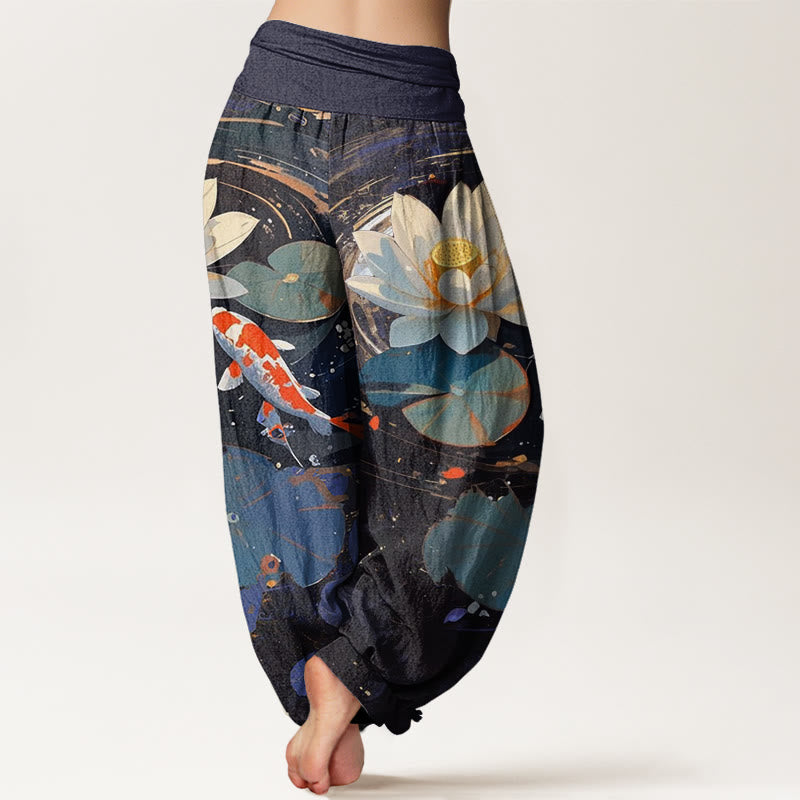 Cotton Casual Summer Lotus Pond Koi Fish Pattern Women's Elastic Waist Harem Pants