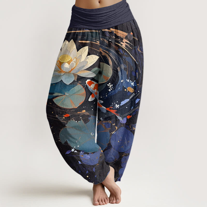 Cotton Casual Summer Lotus Pond Koi Fish Pattern Women's Elastic Waist Harem Pants