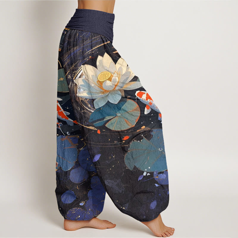 Cotton Casual Summer Lotus Pond Koi Fish Pattern Women's Elastic Waist Harem Pants