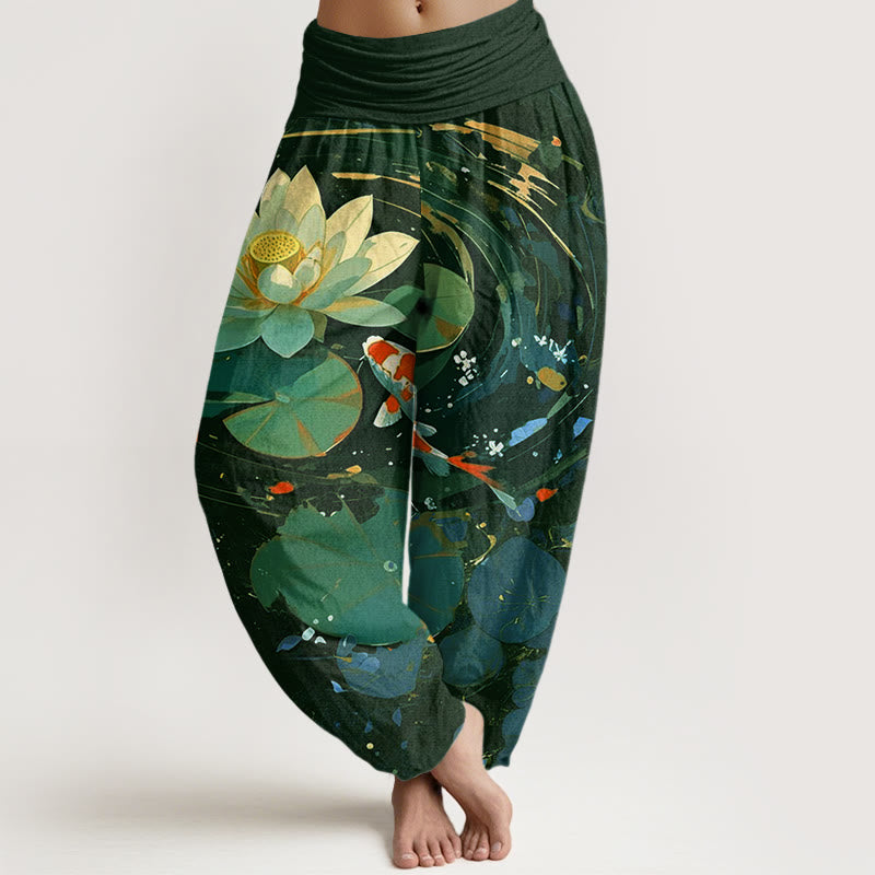 Cotton Casual Summer Lotus Pond Koi Fish Pattern Women's Elastic Waist Harem Pants