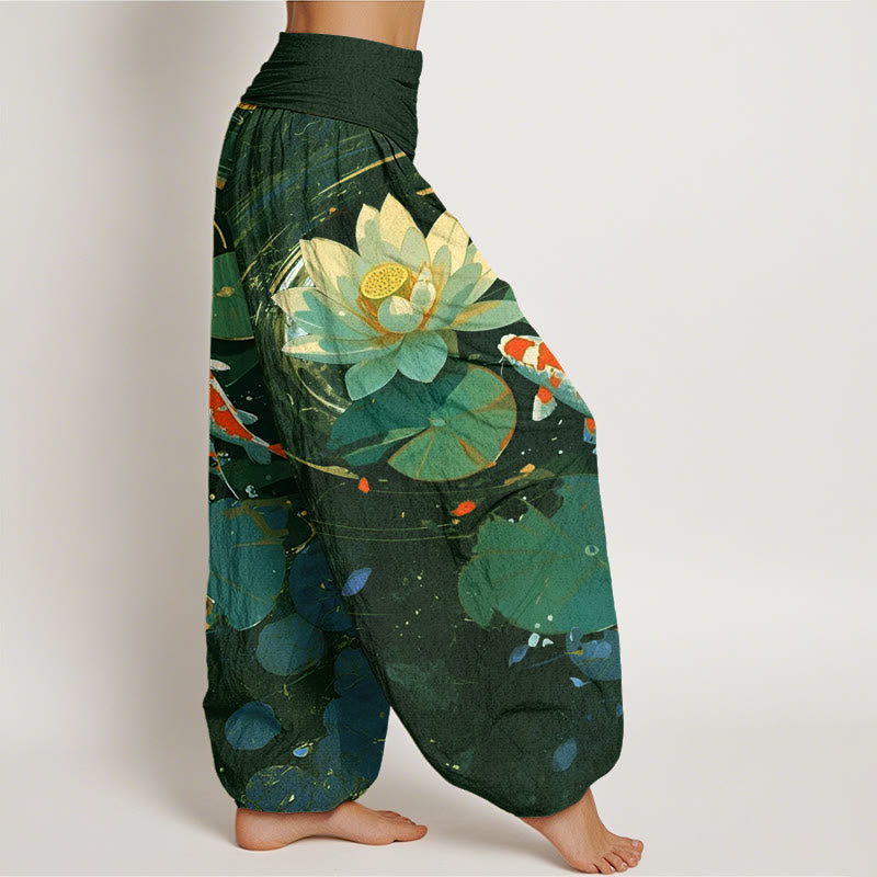 Cotton Casual Summer Lotus Pond Koi Fish Pattern Women's Elastic Waist Harem Pants