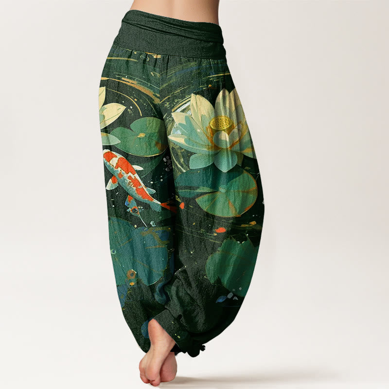 Cotton Casual Summer Lotus Pond Koi Fish Pattern Women's Elastic Waist Harem Pants