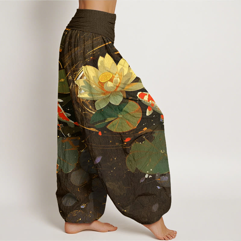 Cotton Casual Summer Lotus Pond Koi Fish Pattern Women's Elastic Waist Harem Pants