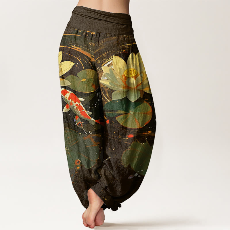 Cotton Casual Summer Lotus Pond Koi Fish Pattern Women's Elastic Waist Harem Pants