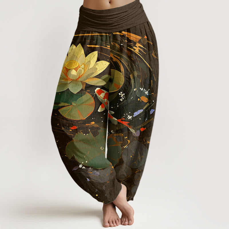 Cotton Casual Summer Lotus Pond Koi Fish Pattern Women's Elastic Waist Harem Pants