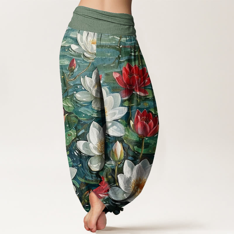 Cotton Casual Blooming Red Lotus Flower Pattern Women's Elastic Waist Harem Pants