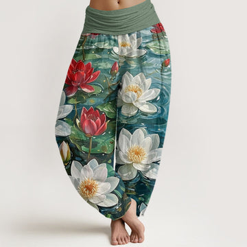 Cotton Casual Blooming Red Lotus Flower Pattern Women's Elastic Waist Harem Pants