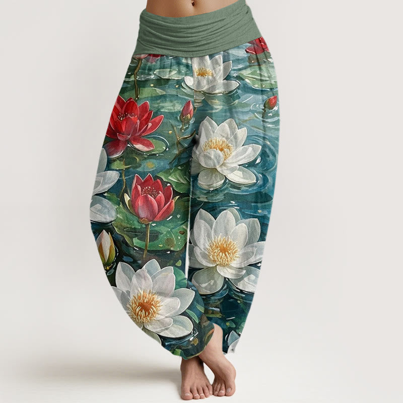 Cotton Casual Blooming Red Lotus Flower Pattern Women's Elastic Waist Harem Pants