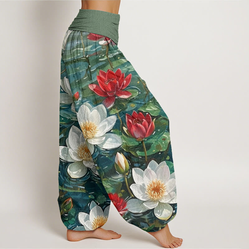 Cotton Casual Blooming Red Lotus Flower Pattern Women's Elastic Waist Harem Pants