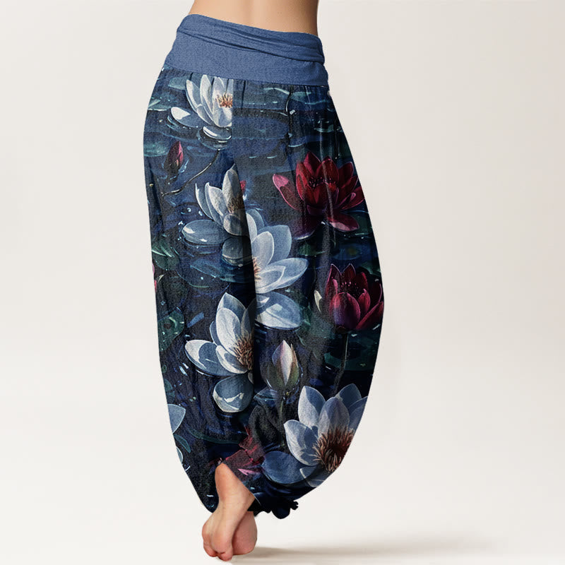 Cotton Casual Blooming Red Lotus Flower Pattern Women's Elastic Waist Harem Pants
