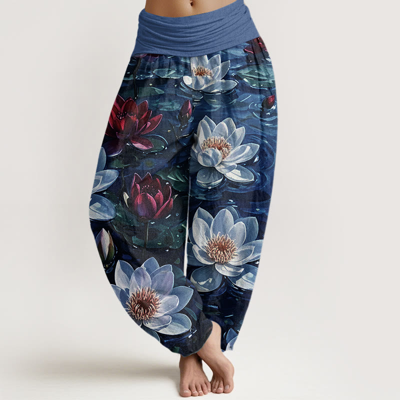 Cotton Casual Blooming Red Lotus Flower Pattern Women's Elastic Waist Harem Pants