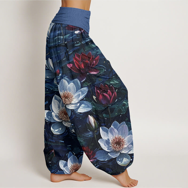 Cotton Casual Blooming Red Lotus Flower Pattern Women's Elastic Waist Harem Pants