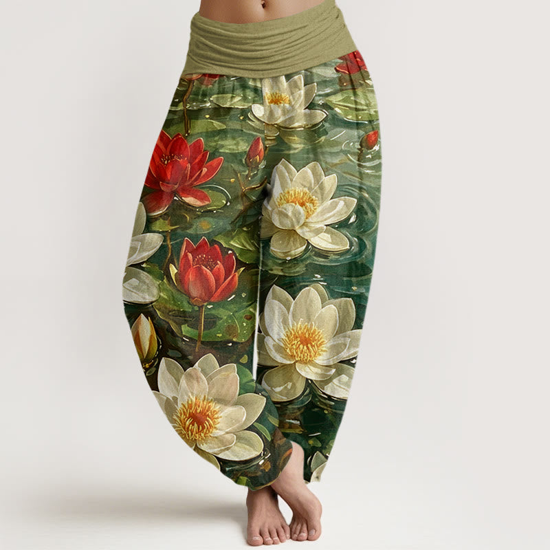 Cotton Casual Blooming Red Lotus Flower Pattern Women's Elastic Waist Harem Pants