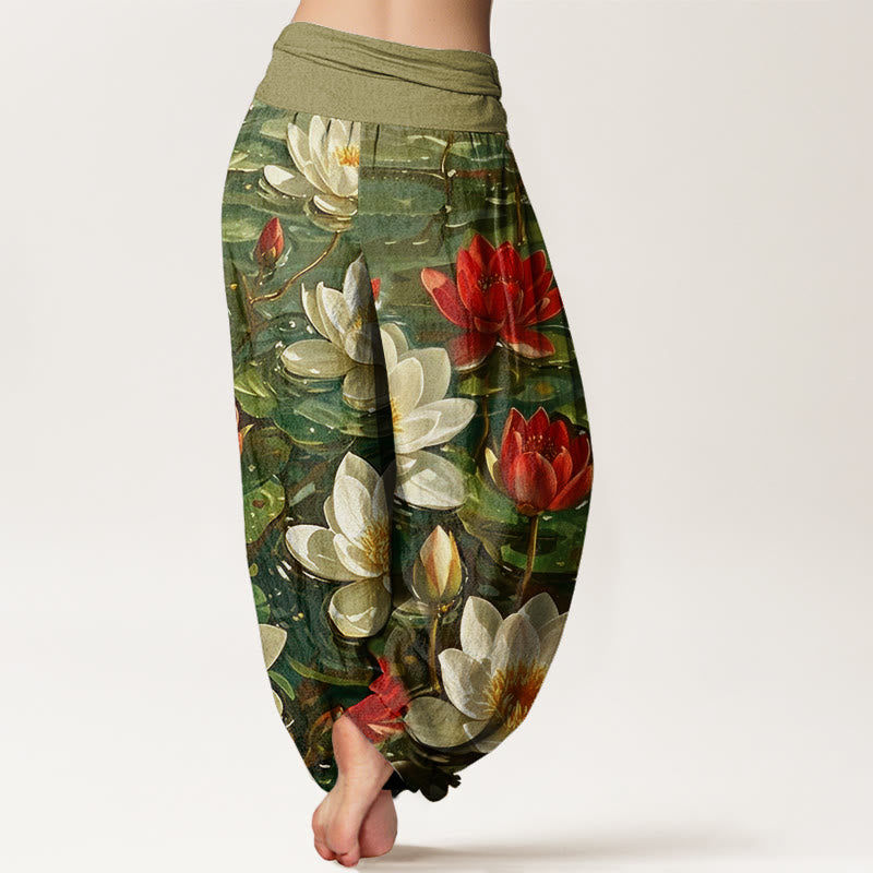 Cotton Casual Blooming Red Lotus Flower Pattern Women's Elastic Waist Harem Pants