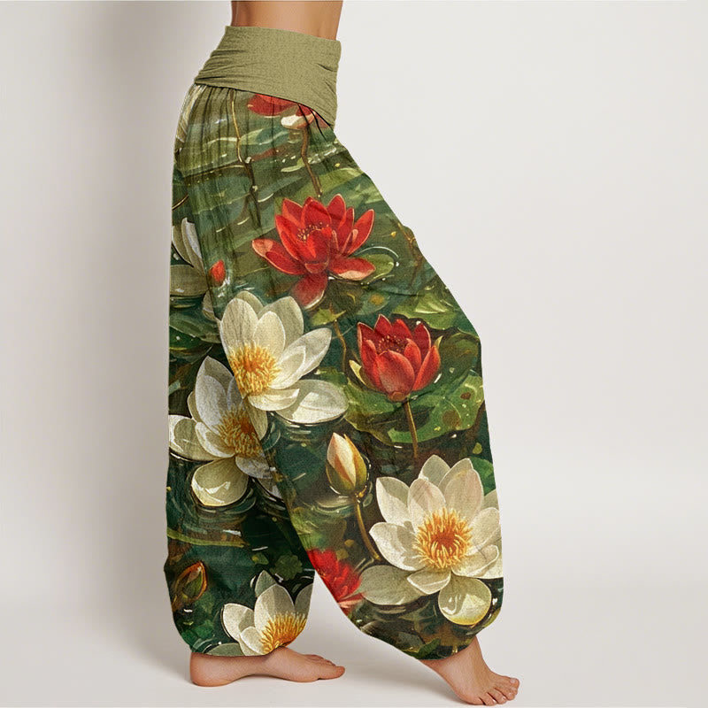 Cotton Casual Blooming Red Lotus Flower Pattern Women's Elastic Waist Harem Pants