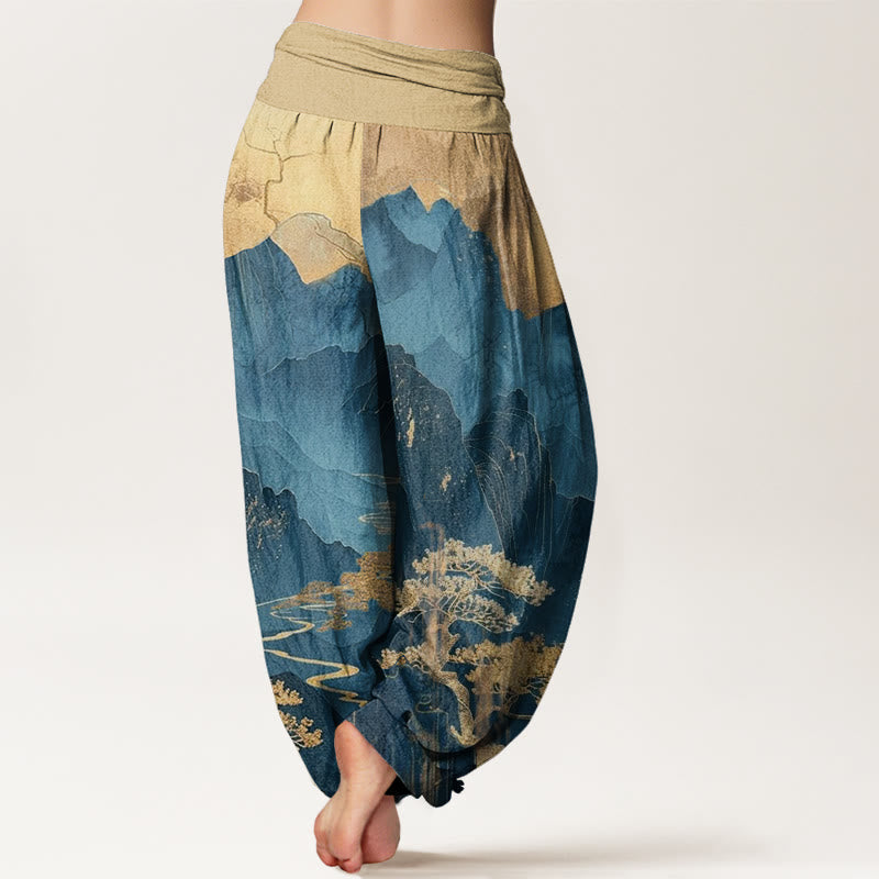 Cotton Casual Mountains Trees Branches Pattern Women's Elastic Waist Harem Pants