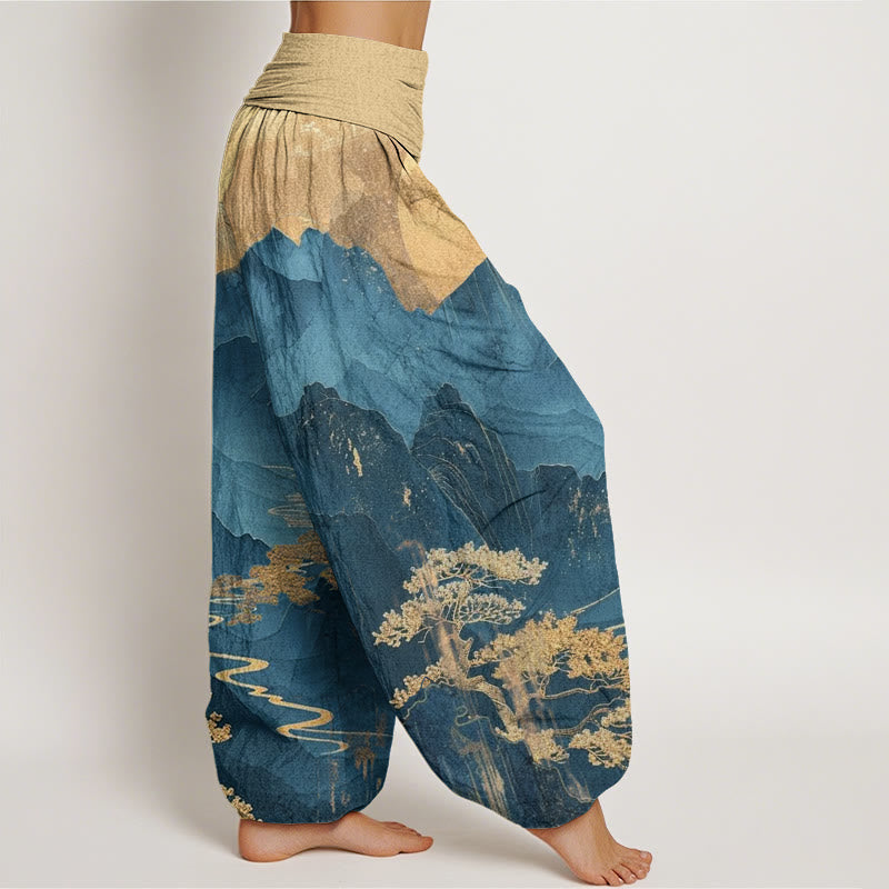 Cotton Casual Mountains Trees Branches Pattern Women's Elastic Waist Harem Pants