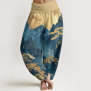 Cotton Casual Mountains Trees Branches Pattern Women's Elastic Waist Harem Pants