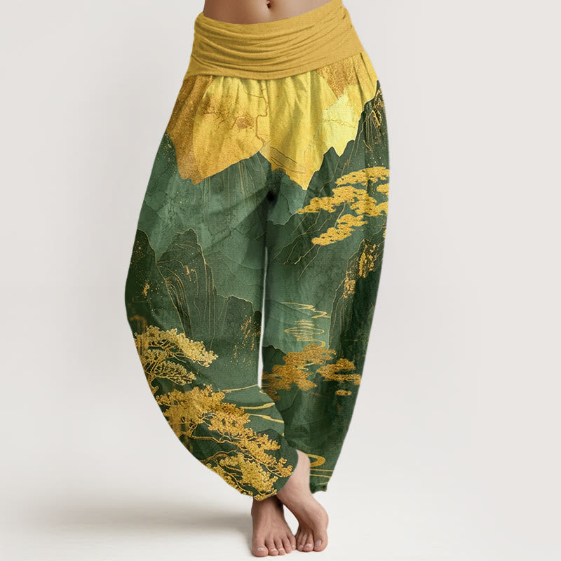 Cotton Casual Mountains Trees Branches Pattern Women's Elastic Waist Harem Pants
