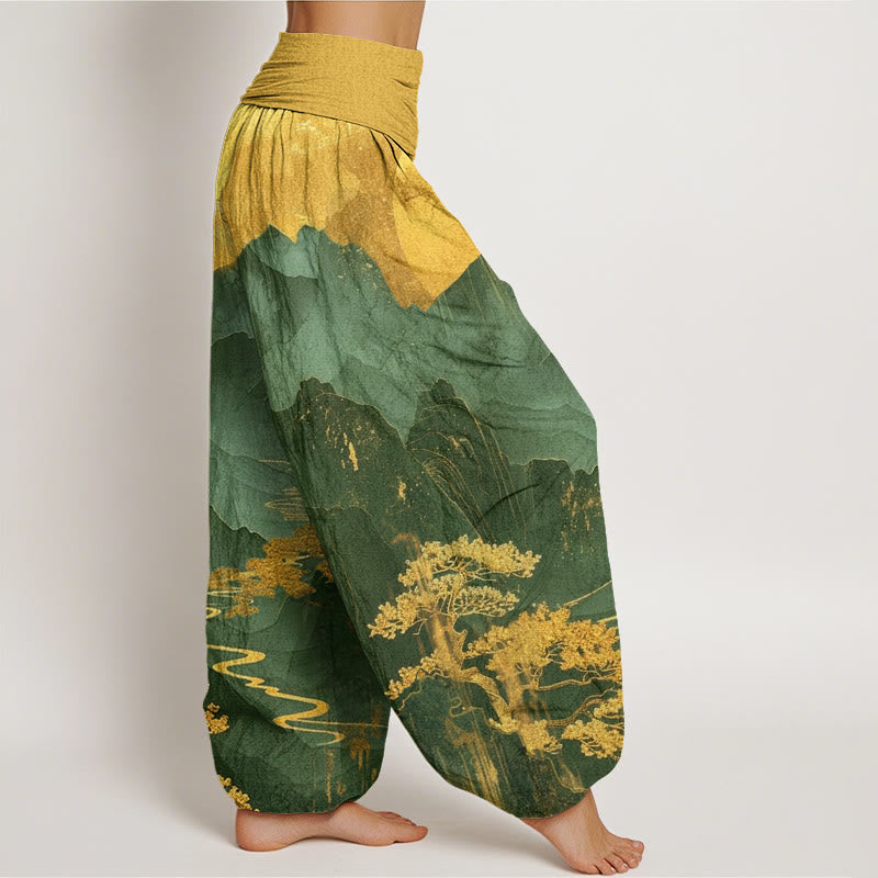 Cotton Casual Mountains Trees Branches Pattern Women's Elastic Waist Harem Pants