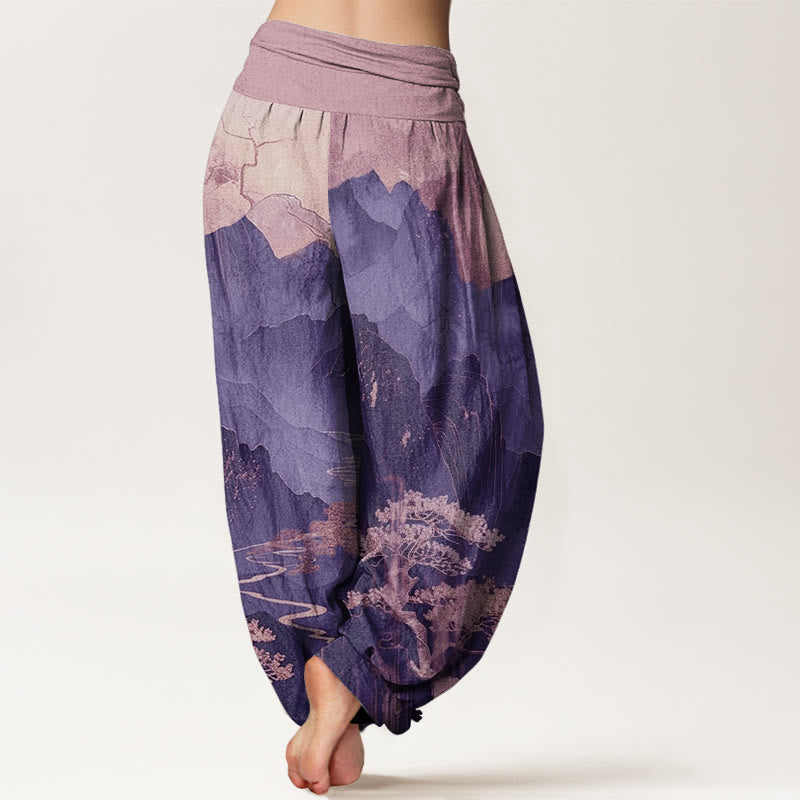 Cotton Casual Mountains Trees Branches Pattern Women's Elastic Waist Harem Pants