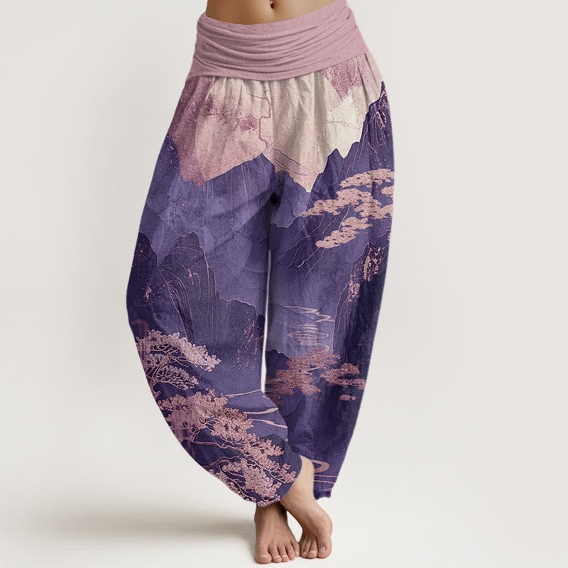 Cotton Casual Mountains Trees Branches Pattern Women's Elastic Waist Harem Pants