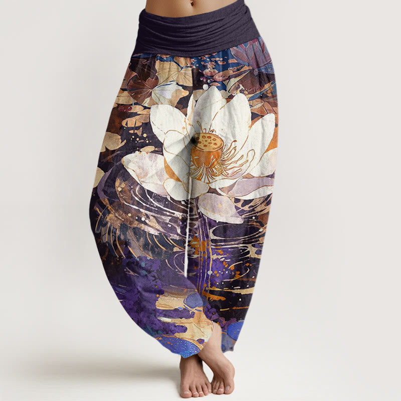 Breathable Cotton Lotus Print Mindful Movement Harem Pants