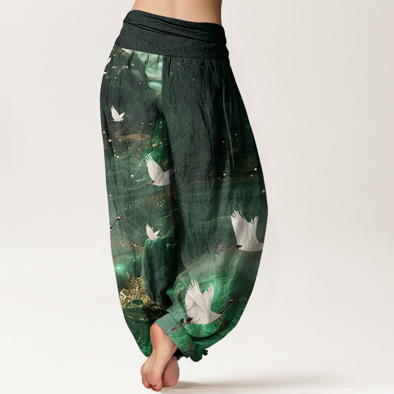 Tactile Cotton Crane Print Meditation Harem Pants