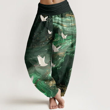 Tactile Cotton Crane Print Meditation Harem Pants