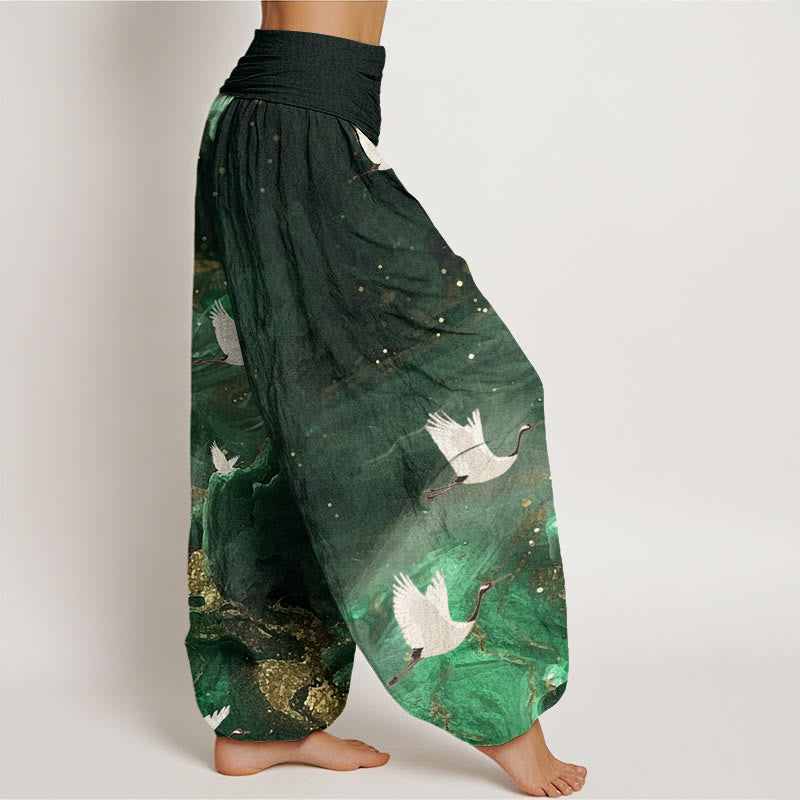 Tactile Cotton Crane Print Meditation Harem Pants