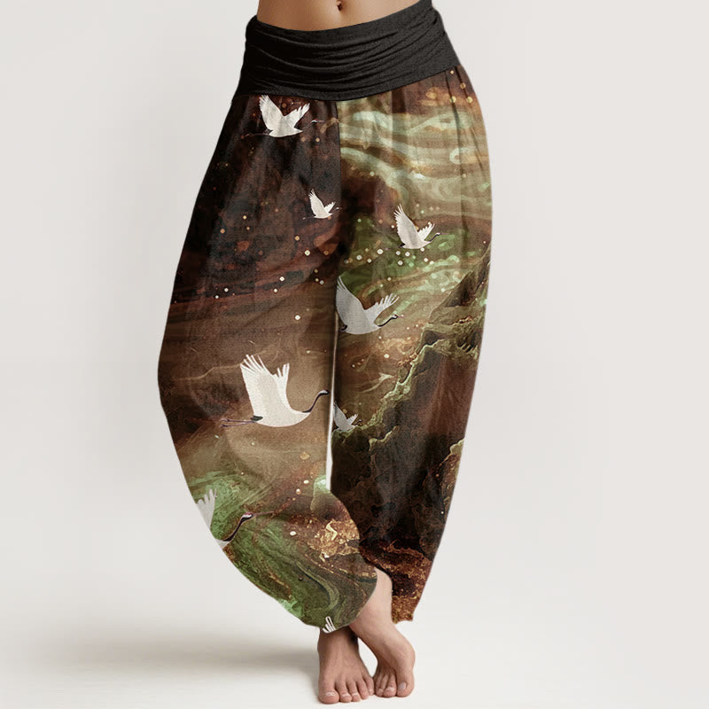 Tactile Cotton Crane Print Meditation Harem Pants