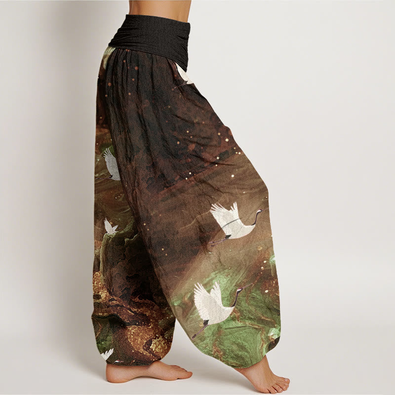 Tactile Cotton Crane Print Meditation Harem Pants