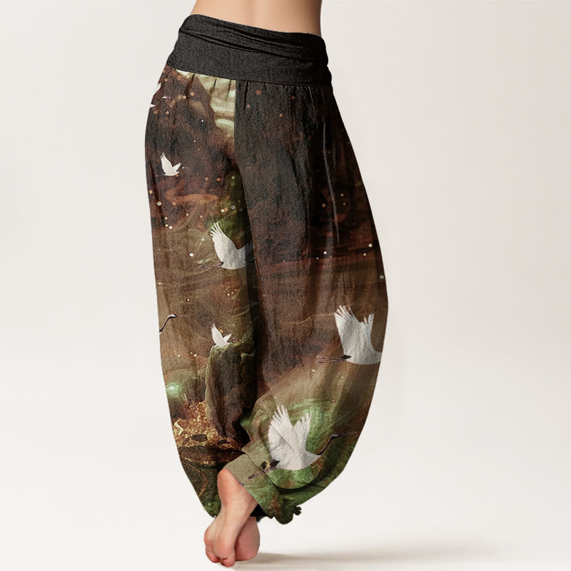 Tactile Cotton Crane Print Meditation Harem Pants