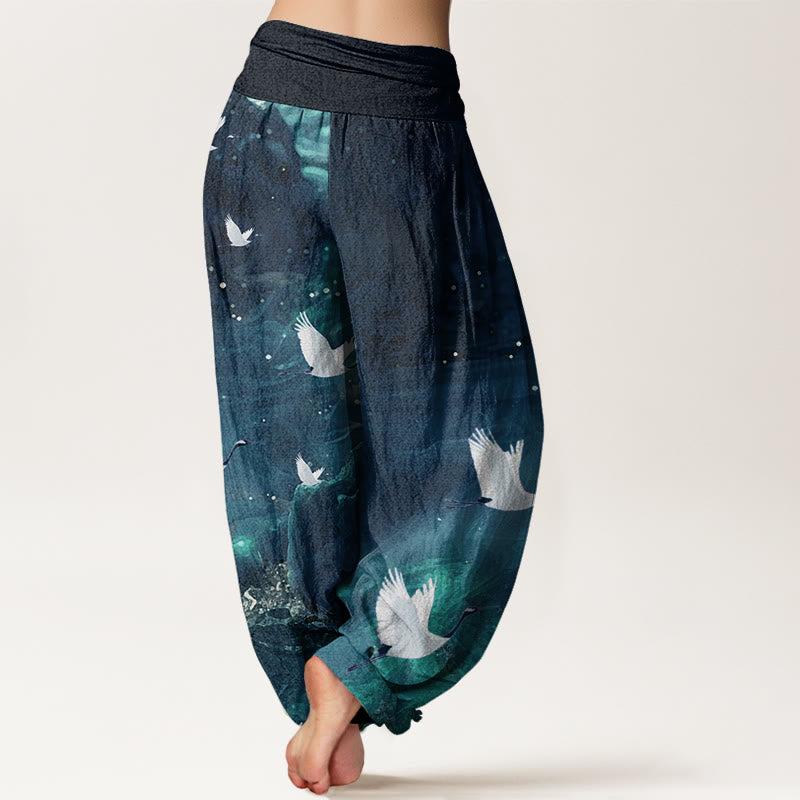 Tactile Cotton Crane Print Meditation Harem Pants