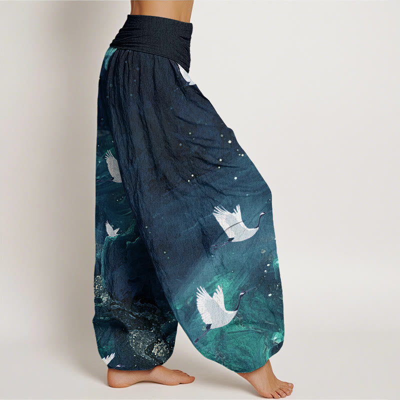 Tactile Cotton Crane Print Meditation Harem Pants