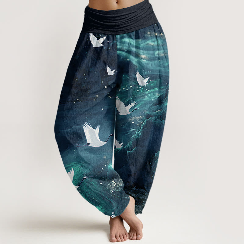 Tactile Cotton Crane Print Meditation Harem Pants