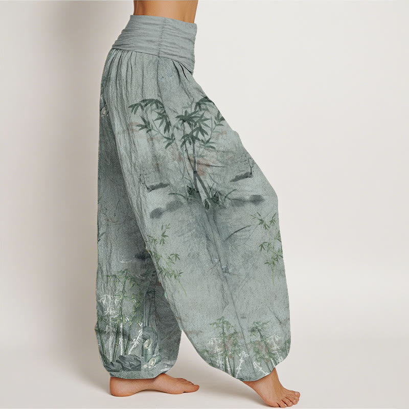 Pure Cotton Casual Bamboo Rock Ink Painting Women's Elastic Waist Harem Pants
