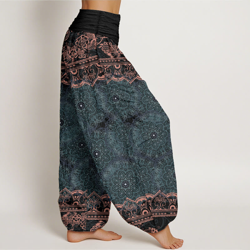 Pure Cotton Elegant Mandala Flowers Design Women's Elastic Waist Harem Pants
