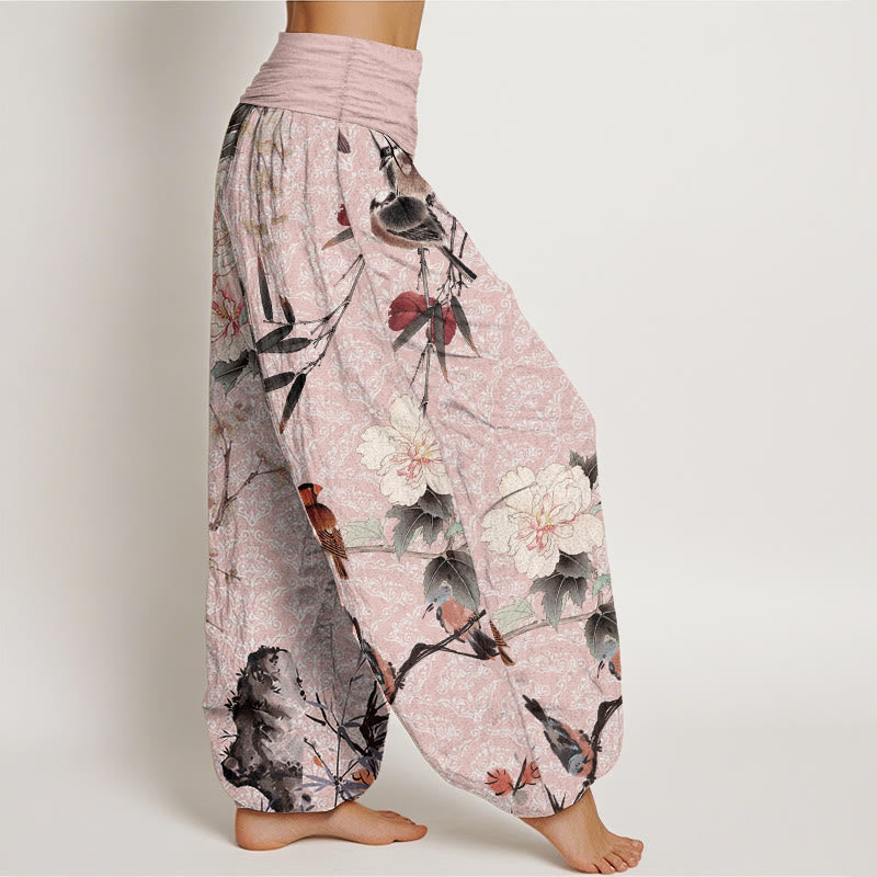 Pure Cotton Warbler Bird Blooming Flower Branches Mandala Pattern Women's Elastic Waist Harem Pants
