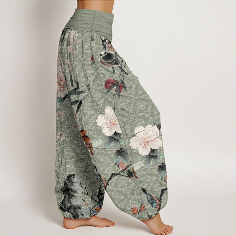 Pure Cotton Warbler Bird Blooming Flower Branches Mandala Pattern Women's Elastic Waist Harem Pants