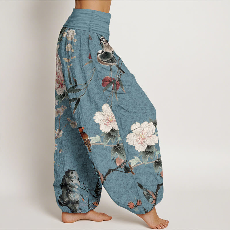 Pure Cotton Warbler Bird Blooming Flower Branches Mandala Pattern Women's Elastic Waist Harem Pants