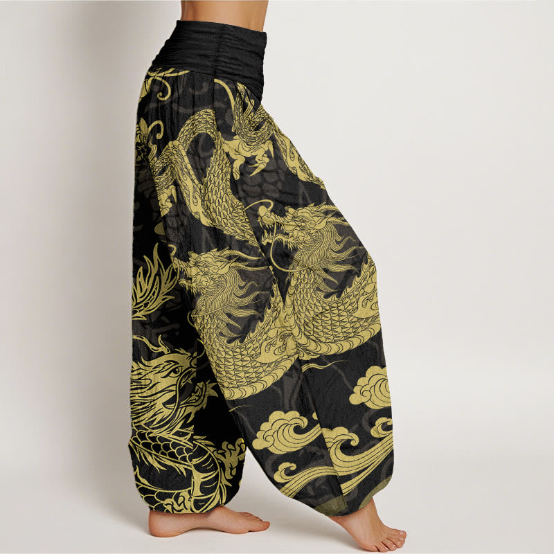 Pure Cotton Dragon Auspicious Clouds Women's Elastic Waist Harem Pants