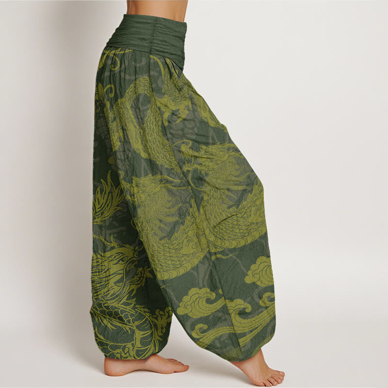 Pure Cotton Dragon Auspicious Clouds Women's Elastic Waist Harem Pants