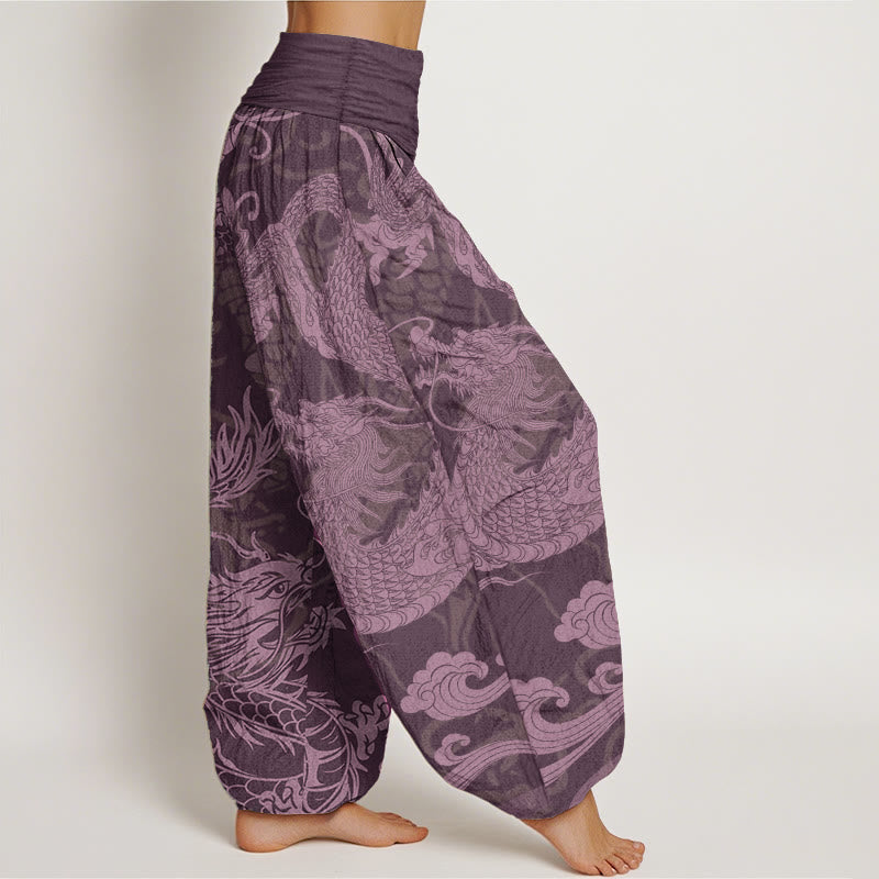 Pure Cotton Dragon Auspicious Clouds Women's Elastic Waist Harem Pants