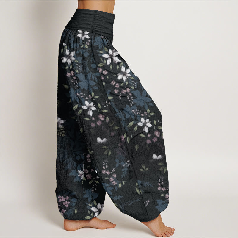 Pure Cotton Small White Blossoms Green Leaves Women's Elastic Waist Harem Pants