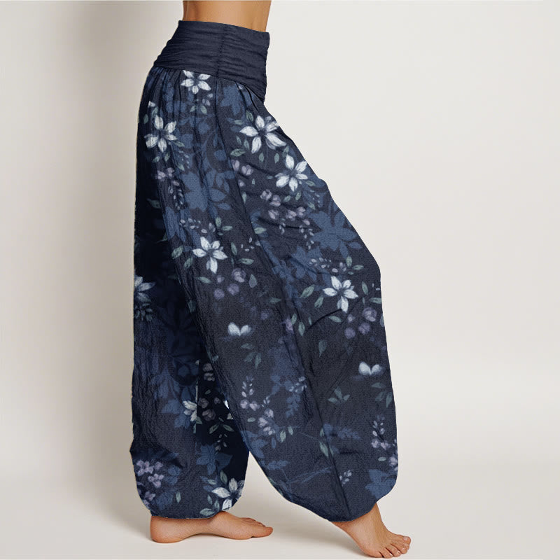 Pure Cotton Small White Blossoms Green Leaves Women's Elastic Waist Harem Pants