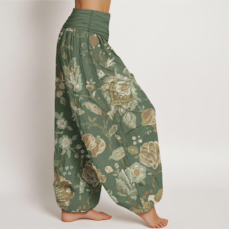 Pure Cotton Casual Blooming Flowers Buds Design Women's Elastic Waist Harem Pants