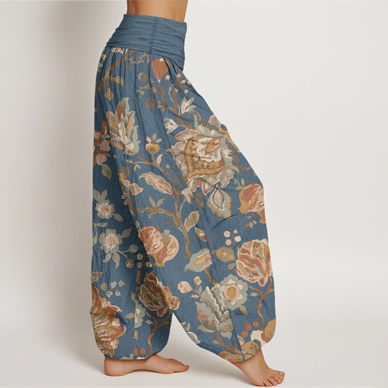 Pure Cotton Casual Blooming Flowers Buds Design Women's Elastic Waist Harem Pants