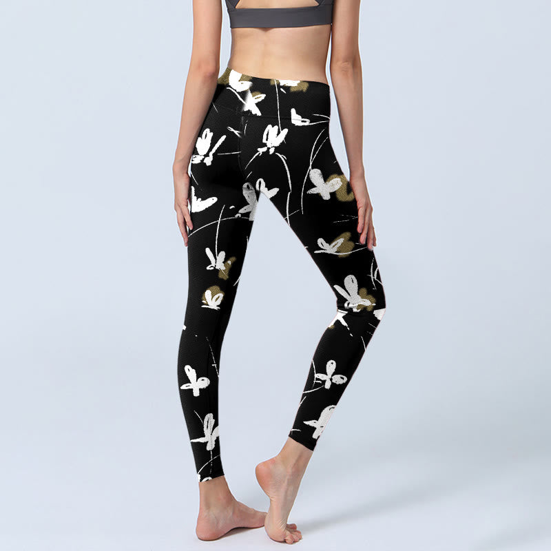 White Butterflies Print Gym Leggings Women's Yoga Pants