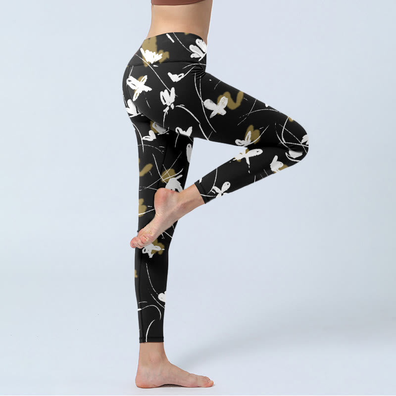White Butterflies Print Gym Leggings Women's Yoga Pants